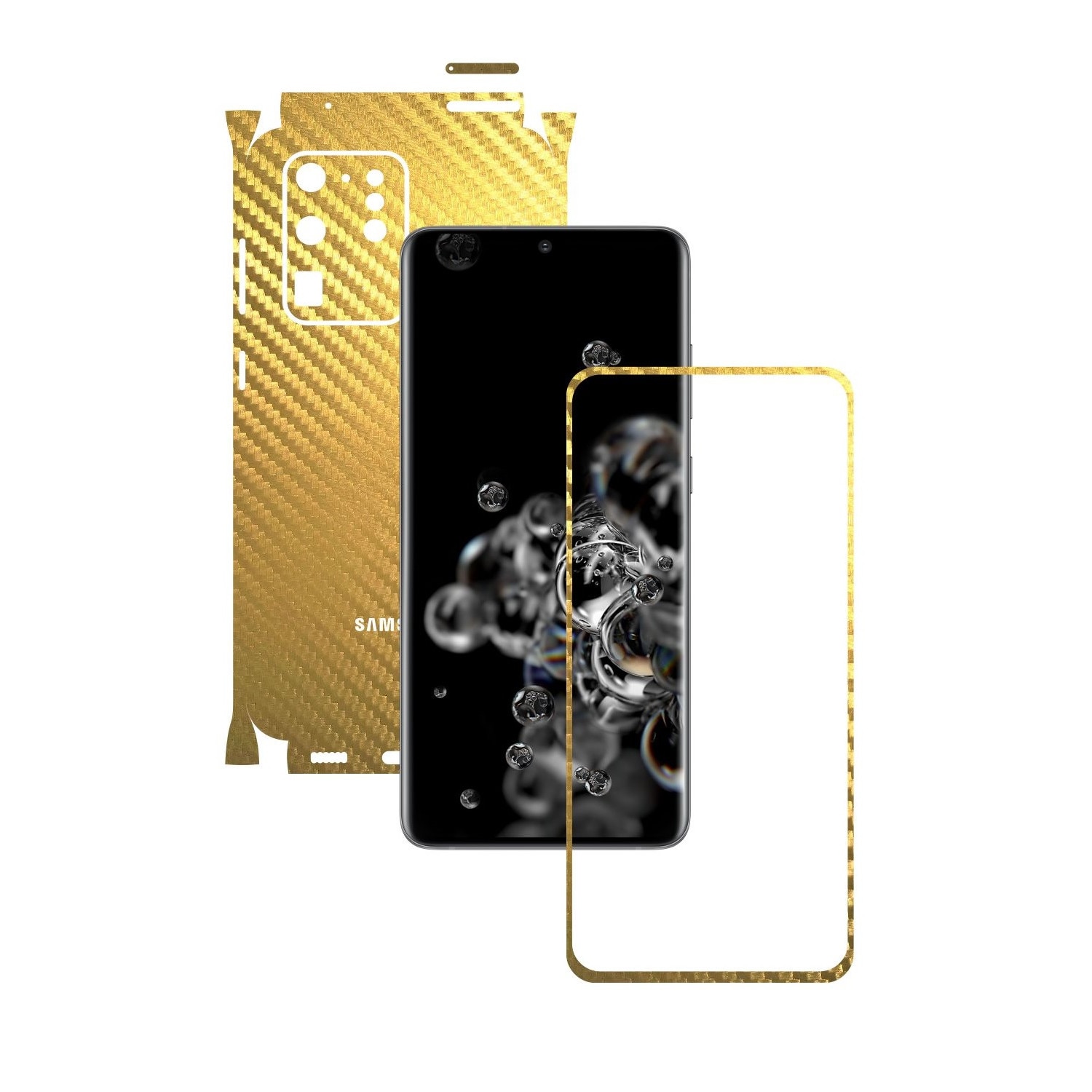 Folie Protectie Carbon Skinz pentru Samsung Galaxy S20 Ultra,(5G) - Carbon Auriu 360 Cut, Skin Adeziv Full Body Cover pentru Rama Ecran, Carcasa Spate si Laterale