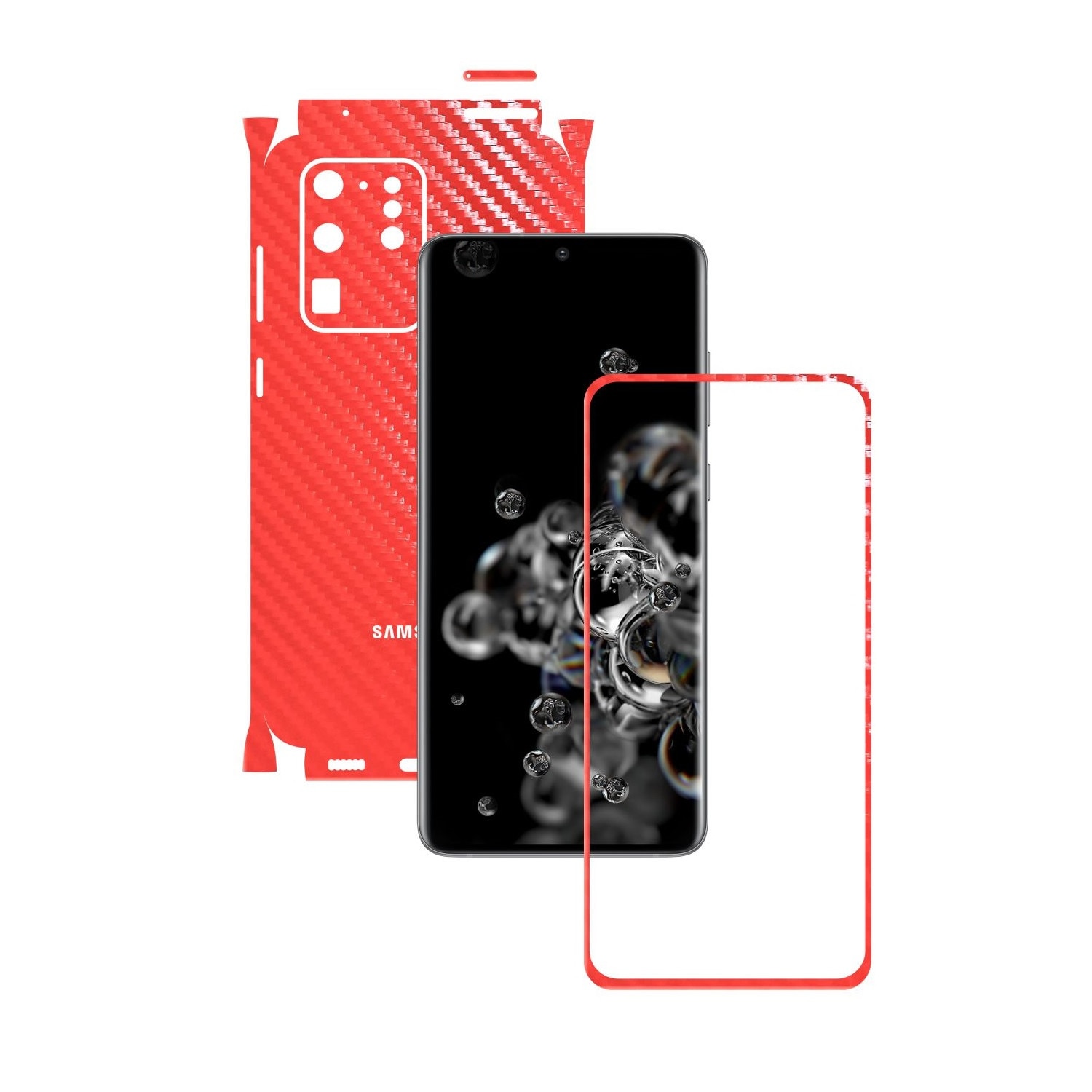 Folie Protectie Carbon Skinz pentru Samsung Galaxy S20 Ultra,(5G) - Carbon Rosu 360 Cut, Skin Adeziv Full Body Cover pentru Rama Ecran, Carcasa Spate si Laterale