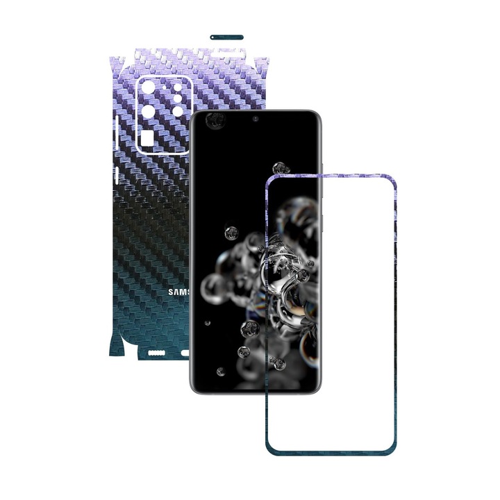 Folie Protectie Carbon Skinz pentru Samsung Galaxy S20 Ultra, (5G) - Carbon Cameleon 360 Cut, Skin Adeziv Full Body Cover pentru Rama Ecran, Carcasa Spate si Laterale