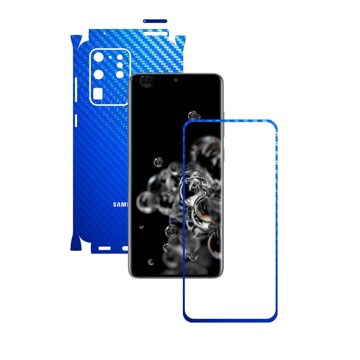 Folie Protectie Carbon Skinz pentru Samsung Galaxy S20 Ultra,(5G) - Carbon Albastru 360 Cut, Skin Adeziv Full Body Cover pentru Rama Ecran, Carcasa Spate si Laterale