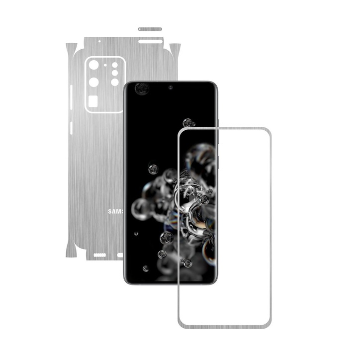 Folie Protectie Carbon Skinz pentru Samsung Galaxy S20 Ultra, (5G) - Brushed Argintiu 360 Cut, Skin Adeziv Full Body Cover pentru Rama Ecran, Carcasa Spate si Laterale