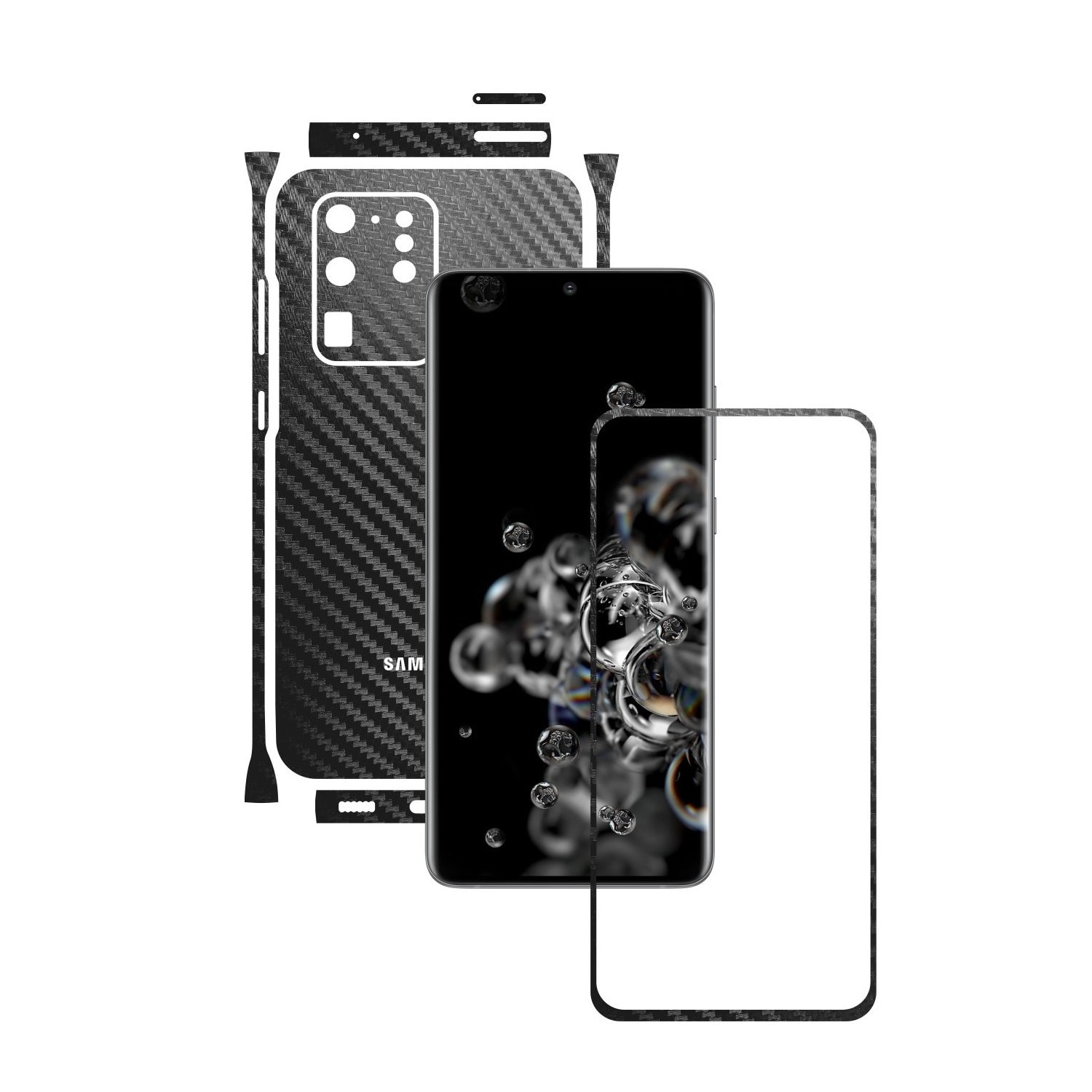 Folie Protectie Carbon Skinz pentru Samsung Galaxy S20 Ultra,(5G) - Carbon Negru Split Cut, Skin Adeziv Full Body Cover pentru Rama Ecran, Carcasa Spate si Laterale