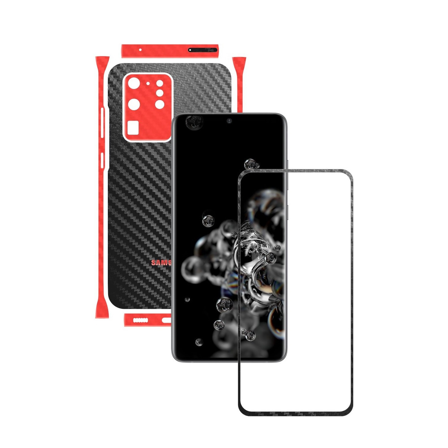 Folie Protectie Carbon Skinz pentru Samsung Galaxy S20 Ultra,(5G) - Carbon Two Tone Negru / Rosu, Skin Adeziv Full Body Cover pentru Rama Ecran, Carcasa Spate si Laterale