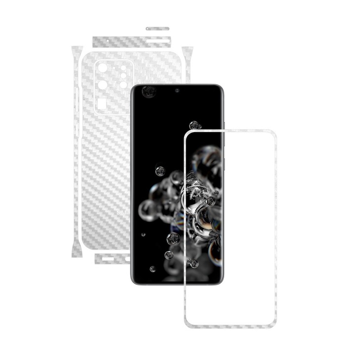 Folie Protectie Carbon Skinz pentru Samsung Galaxy S20 Ultra, (5G) - Carbon Alb Split Cut, Skin Adeziv Full Body Cover pentru Rama Ecran, Carcasa Spate si Laterale