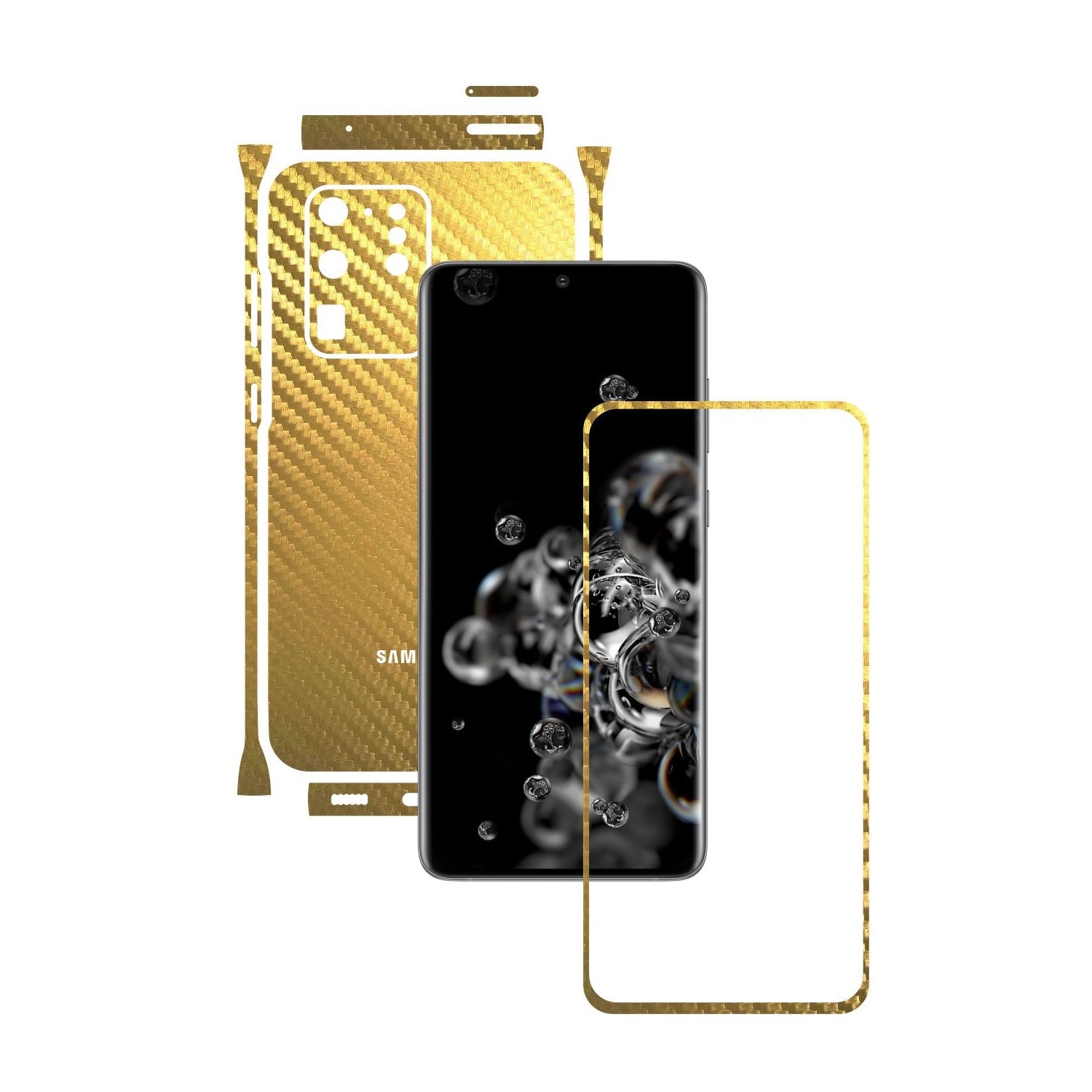 Folie Protectie Carbon Skinz pentru Samsung Galaxy S20 Ultra,(5G) - Carbon Auriu Split Cut, Skin Adeziv Full Body Cover pentru Rama Ecran, Carcasa Spate si Laterale