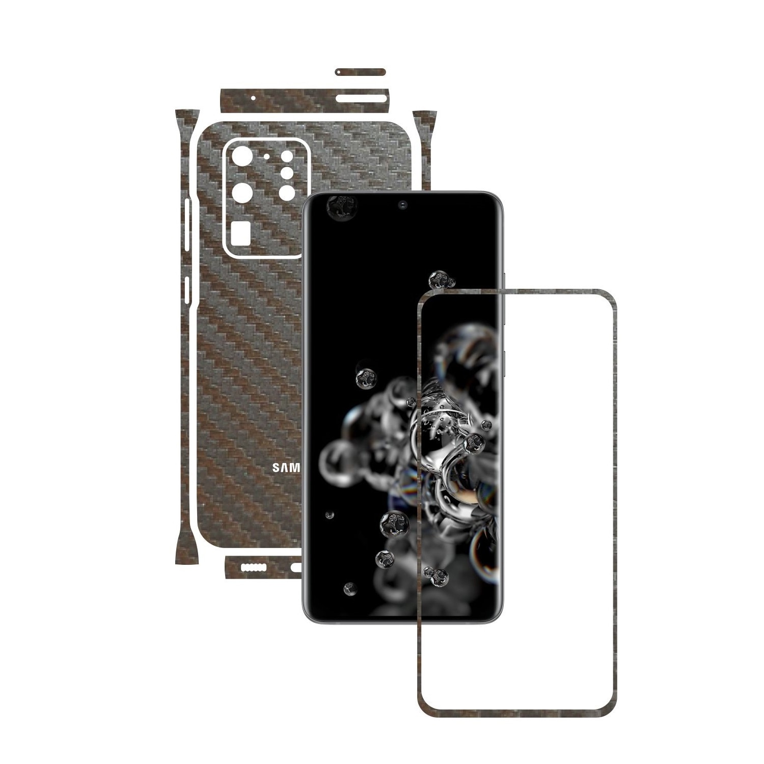 Folie Protectie Carbon Skinz pentru Samsung Galaxy S20 Ultra,(5G) - Carbon Gri Argintiu Split Cut, Skin Adeziv Full Body Cover pentru Rama Ecran, Carcasa Spate si Laterale
