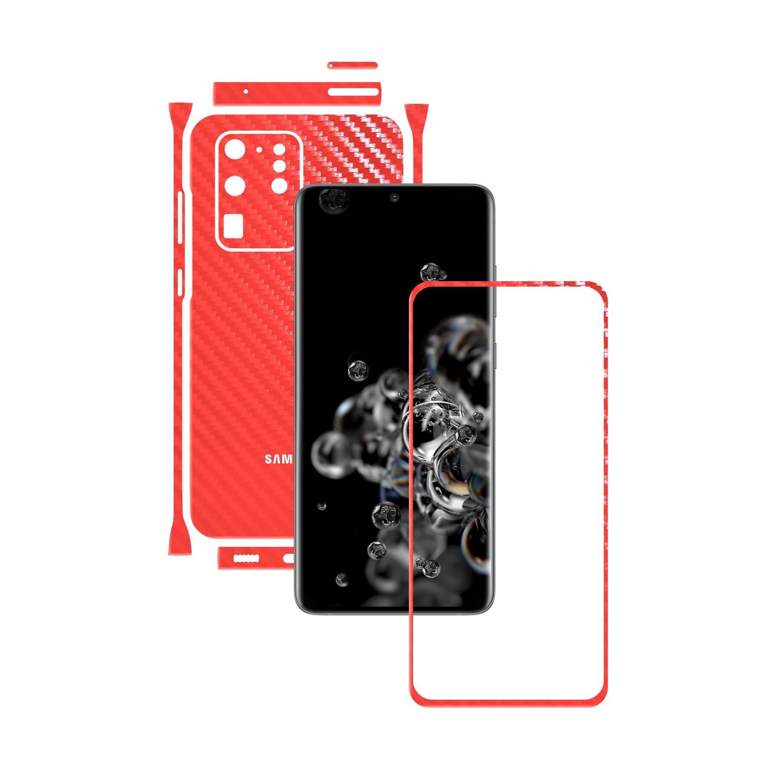 Folie Protectie Carbon Skinz pentru Samsung Galaxy S20 Ultra,(5G) - Carbon Rosu Split Cut, Skin Adeziv Full Body Cover pentru Rama Ecran, Carcasa Spate si Laterale