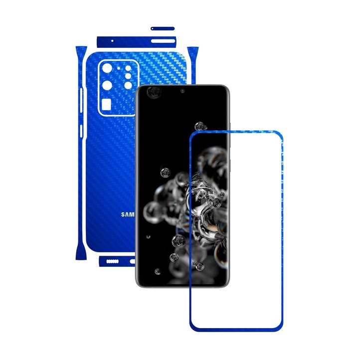 Folie Protectie Carbon Skinz pentru Samsung Galaxy S20 Ultra, (5G) - Carbon Albastru Split Cut, Skin Adeziv Full Body Cover pentru Rama Ecran, Carcasa Spate si Laterale