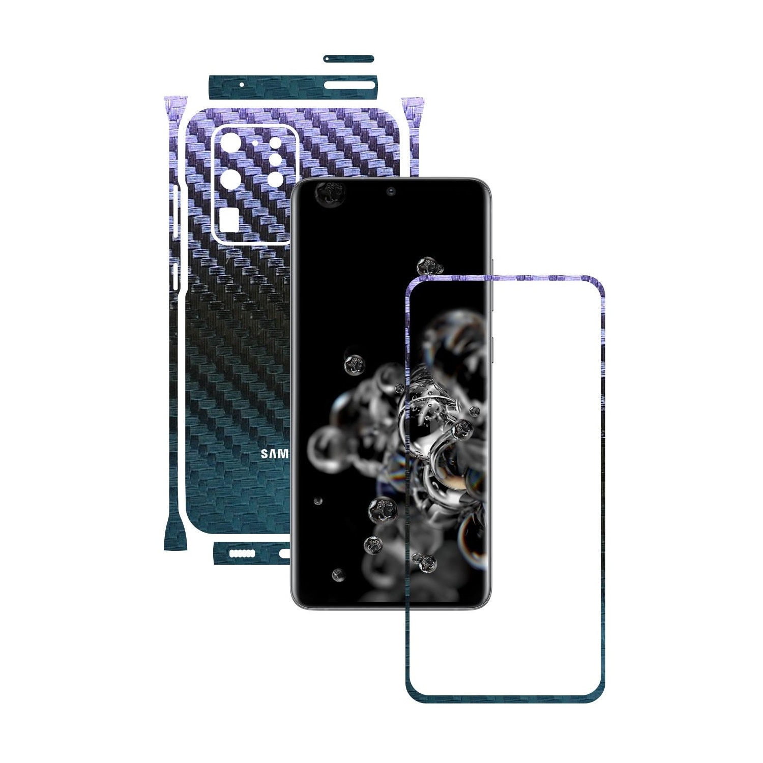 Folie Protectie Carbon Skinz pentru Samsung Galaxy S20 Ultra,(5G) - Carbon Cameleon Split Cut, Skin Adeziv Full Body Cover pentru Rama Ecran, Carcasa Spate si Laterale