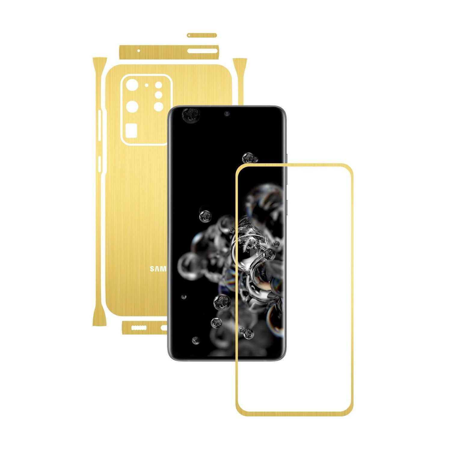 Folie Protectie Carbon Skinz pentru Samsung Galaxy S20 Ultra,(5G) - Brushed Auriu Split Cut, Skin Adeziv Full Body Cover pentru Rama Ecran, Carcasa Spate si Laterale