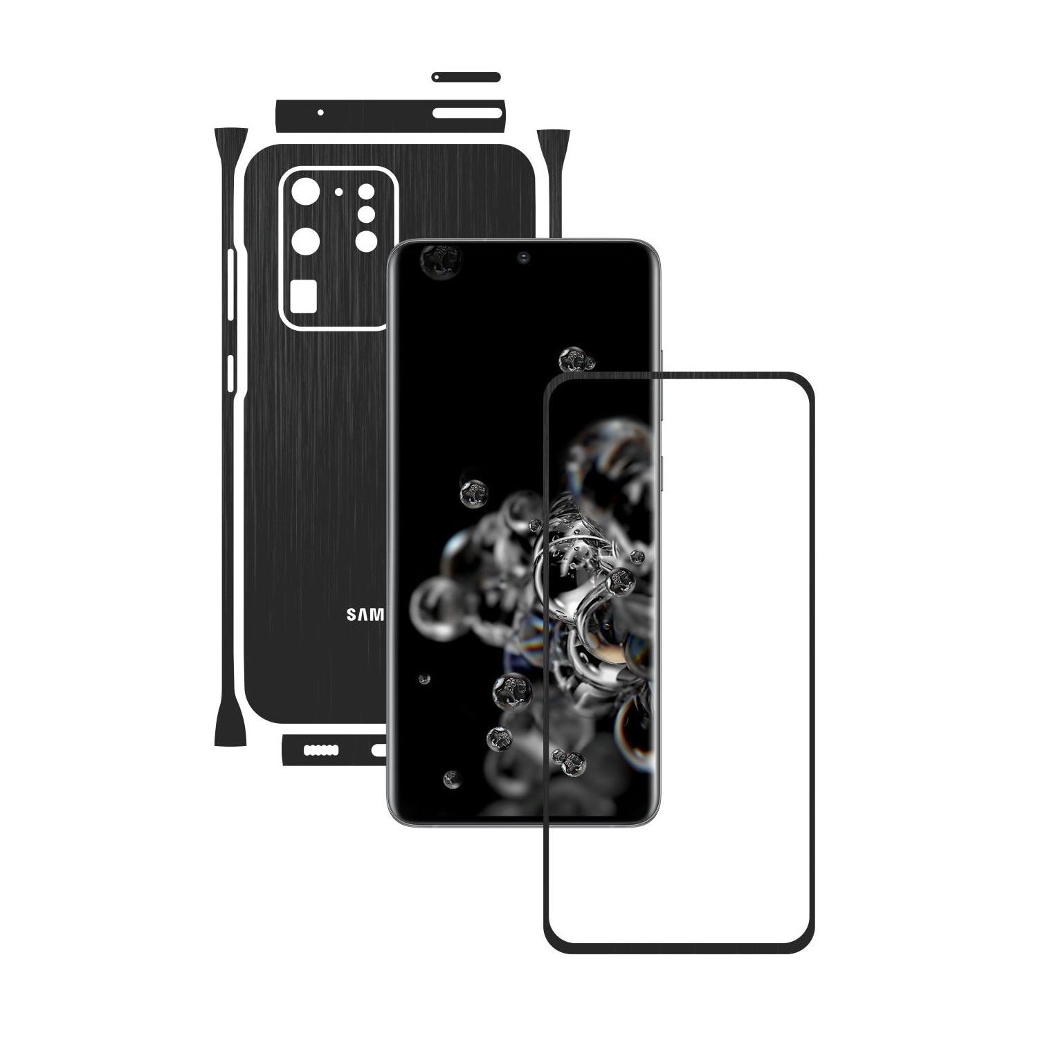 Folie Protectie Carbon Skinz pentru Samsung Galaxy S20 Ultra,(5G) - Brushed Negru Split Cut, Skin Adeziv Full Body Cover pentru Rama Ecran, Carcasa Spate si Laterale