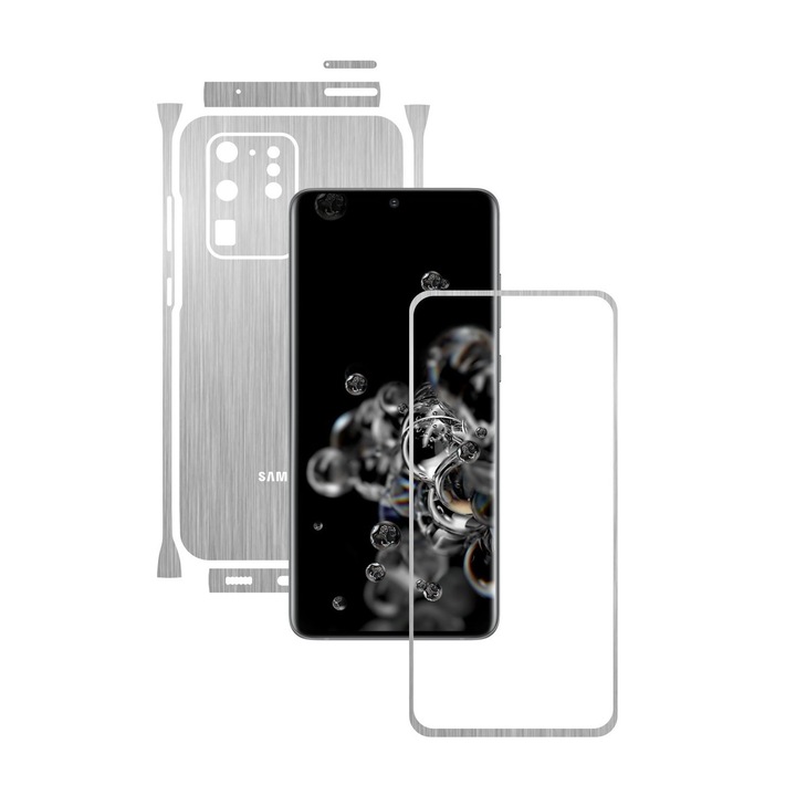 Folie Protectie Carbon Skinz pentru Samsung Galaxy S20 Ultra, (5G) - Brushed Argintiu Split Cut, Skin Adeziv Full Body Cover pentru Rama Ecran, Carcasa Spate si Laterale