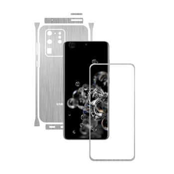 Folie Protectie Carbon Skinz pentru Samsung Galaxy S20 Ultra,(5G) - Brushed Argintiu Split Cut, Skin Adeziv Full Body Cover pentru Rama Ecran, Carcasa Spate si Laterale