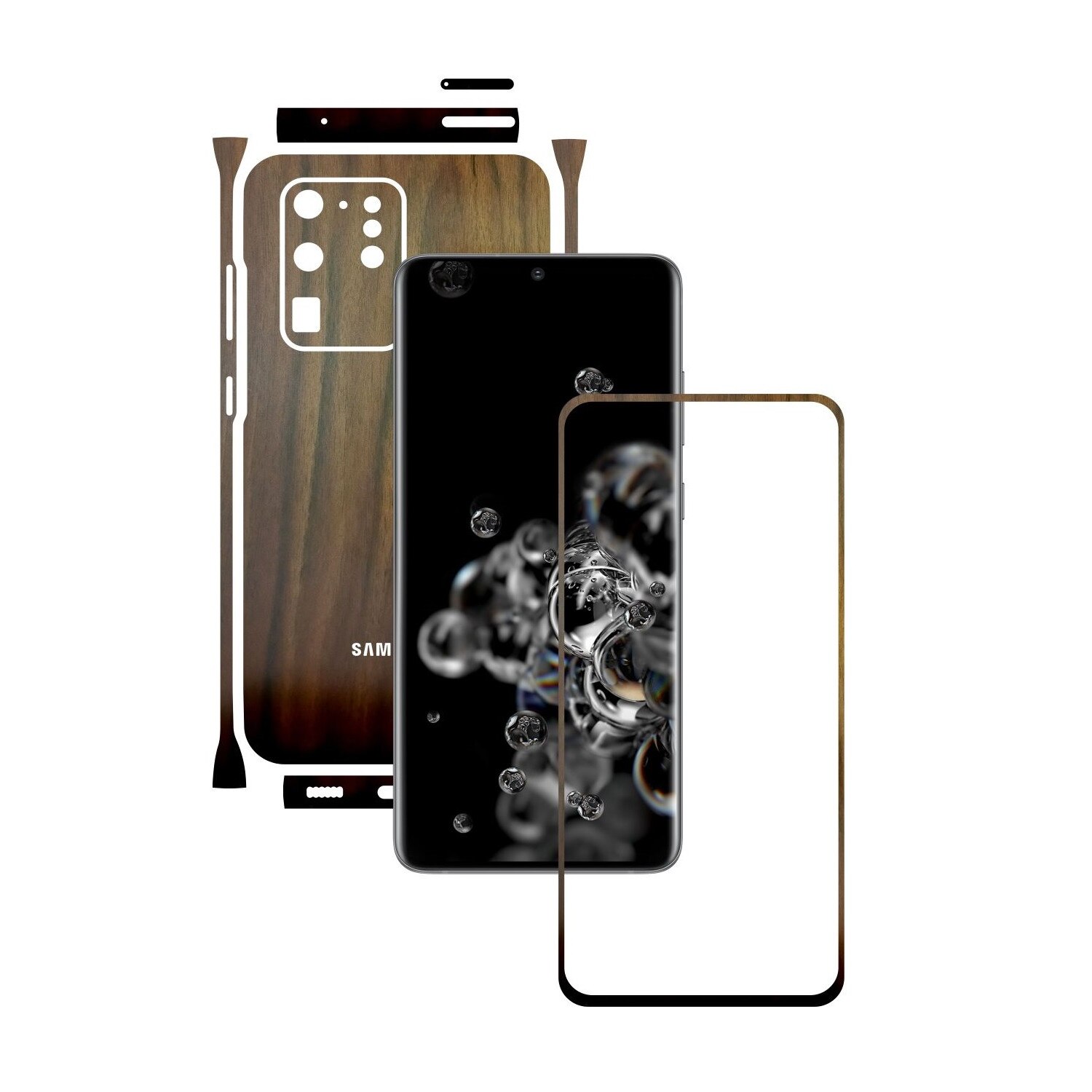 Folie Protectie Carbon Skinz pentru Samsung Galaxy S20 Ultra,(5G) - Lemn Nuc Split Cut, Skin Adeziv Full Body Cover pentru Rama Ecran, Carcasa Spate si Laterale