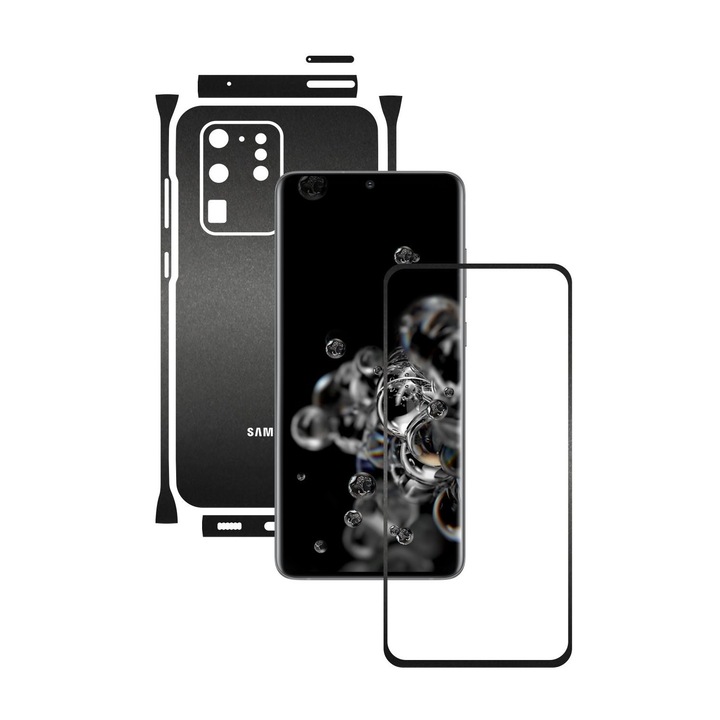 Folie Protectie Carbon Skinz pentru Samsung Galaxy S20 Ultra, (5G) - Negru Mat Split Cut, Skin Adeziv Full Body Cover pentru Rama Ecran, Carcasa Spate si Laterale