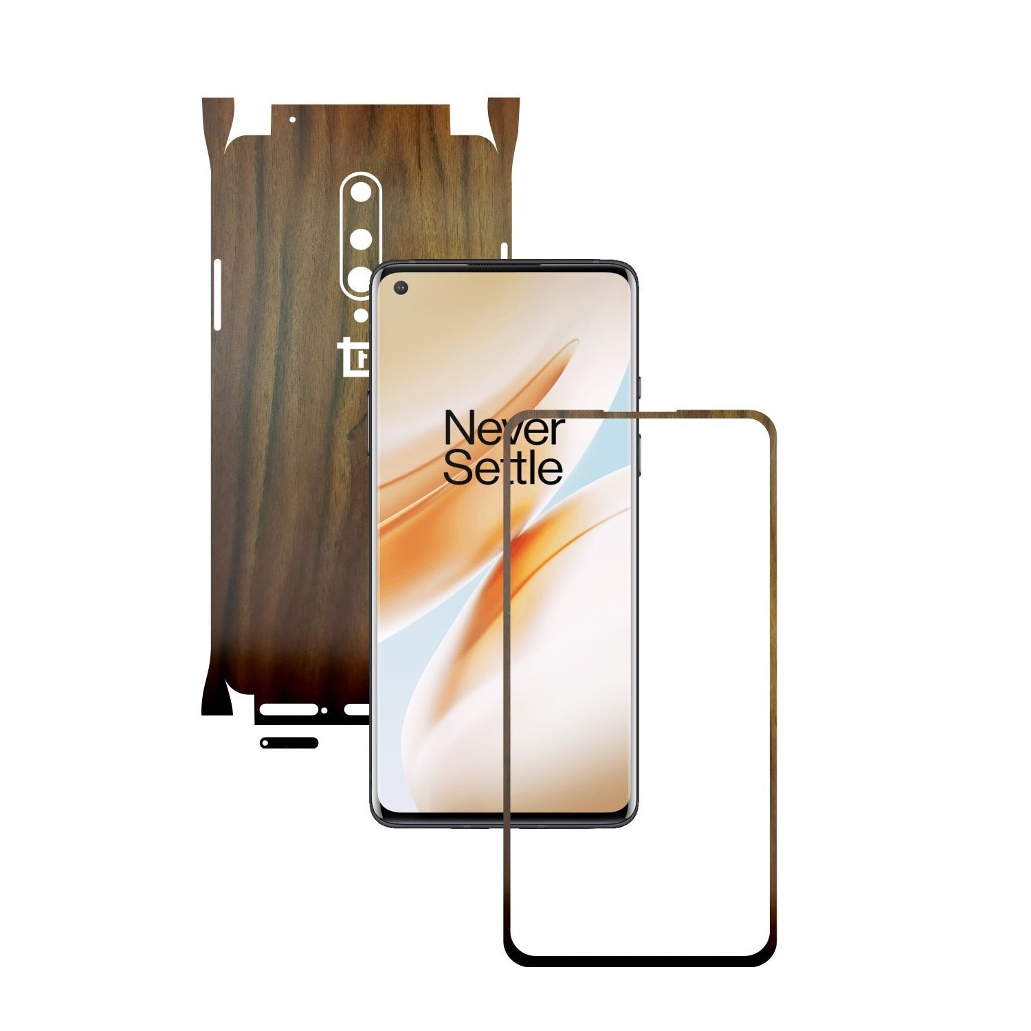 Folie Protectie Carbon Skinz pentru OnePlus 8 - Lemn Nuc 360 Cut, Skin Adeziv Full Body Cover pentru Rama Ecran, Carcasa Spate si Laterale