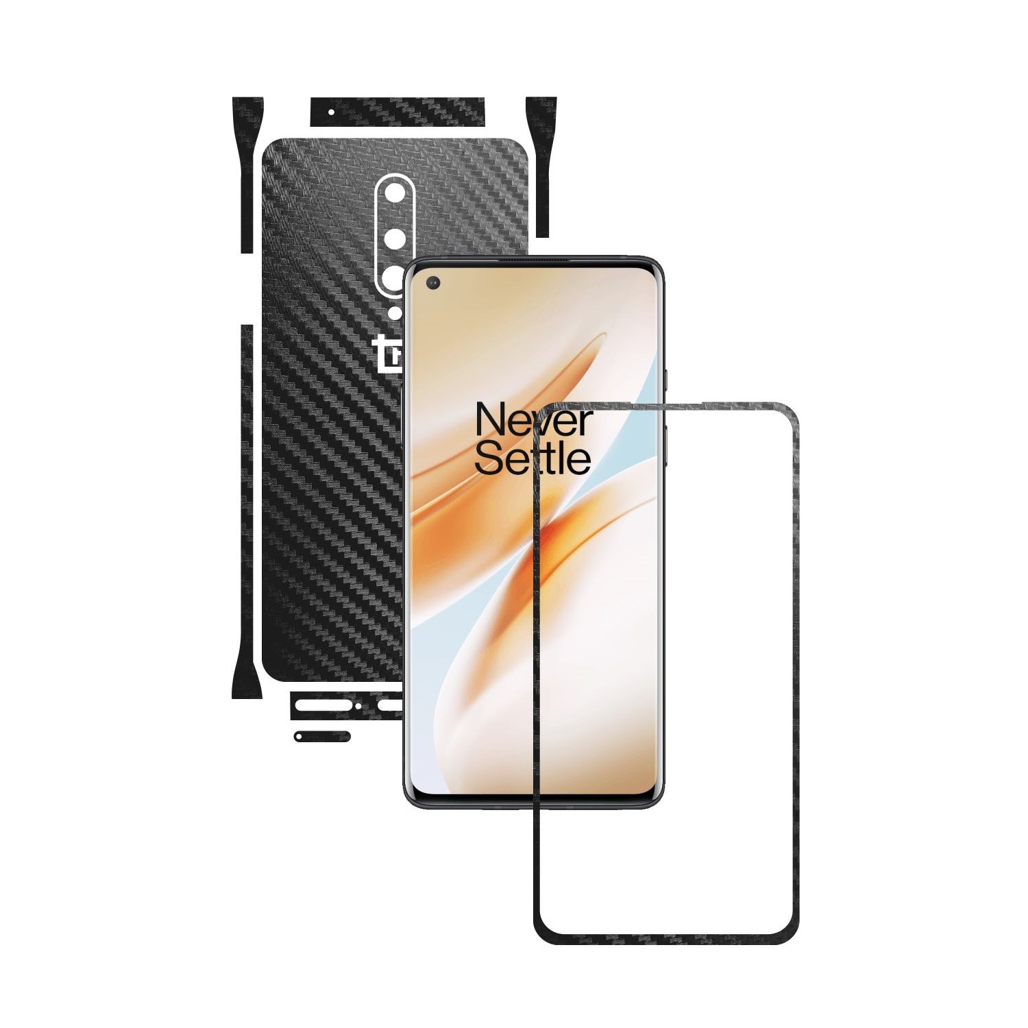 Folie Protectie Carbon Skinz pentru OnePlus 8 - Carbon Negru Split Cut, Skin Adeziv Full Body Cover pentru Rama Ecran, Carcasa Spate si Laterale
