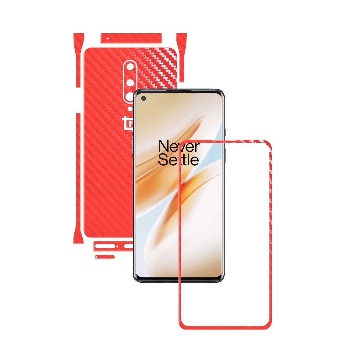 Folie Protectie Carbon Skinz pentru OnePlus 8 - Carbon Rosu Split Cut, Skin Adeziv Full Body Cover pentru Rama Ecran, Carcasa Spate si Laterale