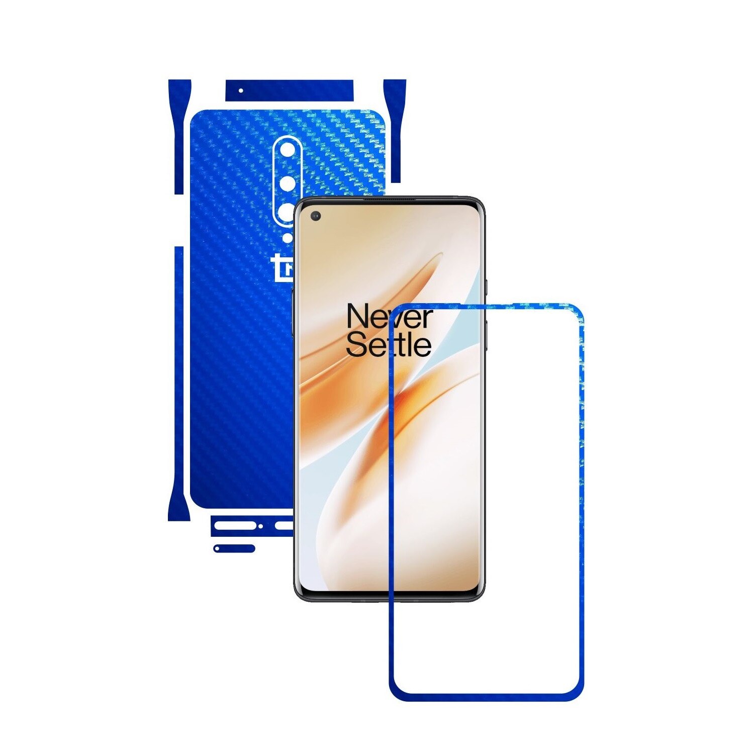 Folie Protectie Carbon Skinz pentru OnePlus 8 - Carbon Albastru Split Cut, Skin Adeziv Full Body Cover pentru Rama Ecran, Carcasa Spate si Laterale
