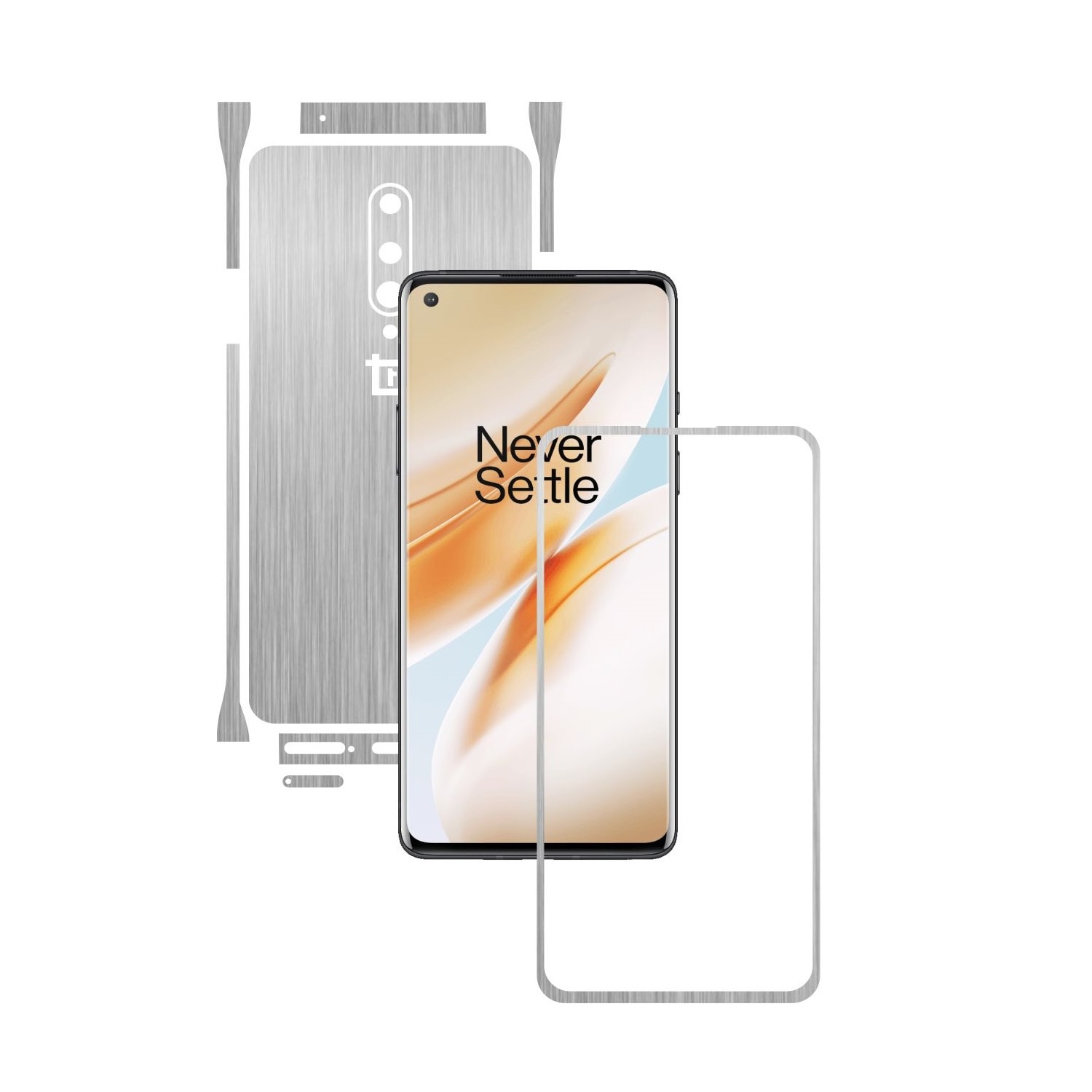 Folie Protectie Carbon Skinz pentru OnePlus 8 - Brushed Argintiu Split Cut, Skin Adeziv Full Body Cover pentru Rama Ecran, Carcasa Spate si Laterale