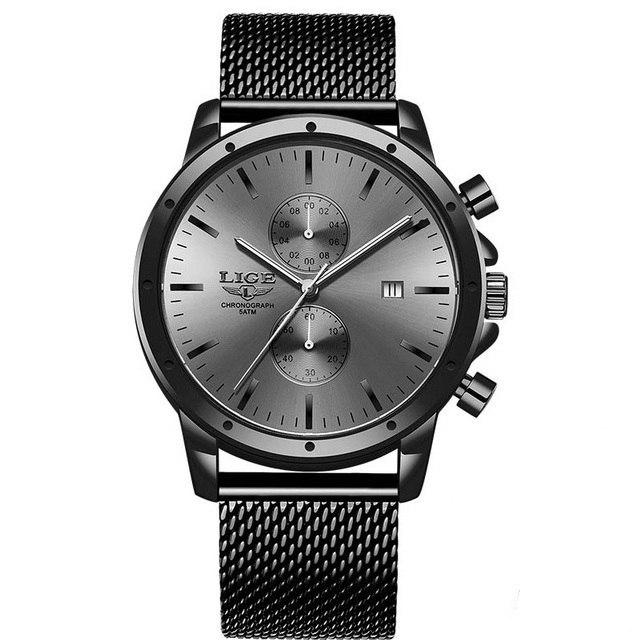 Ceas barbatesc Lige, Analog, Mecanism Quartz, Bratara din otel inoxidabil, Business, Elegant, Cronograf, Cronometru, Indici luminosi, Afisaj 24 h, Data, Negru