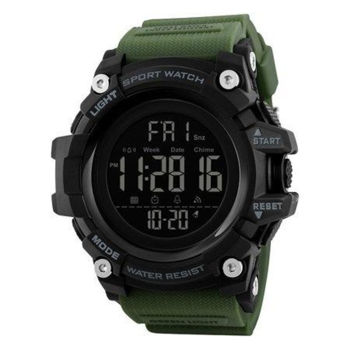 Мъжки часовник Skmei, спортен, цифров, удароустойчив, военен, устойчив на плуване, 5 ATM, хронометър, аларма, дата, двоен дисплей, подсветка, обратно броене, армейски зелен, зелен