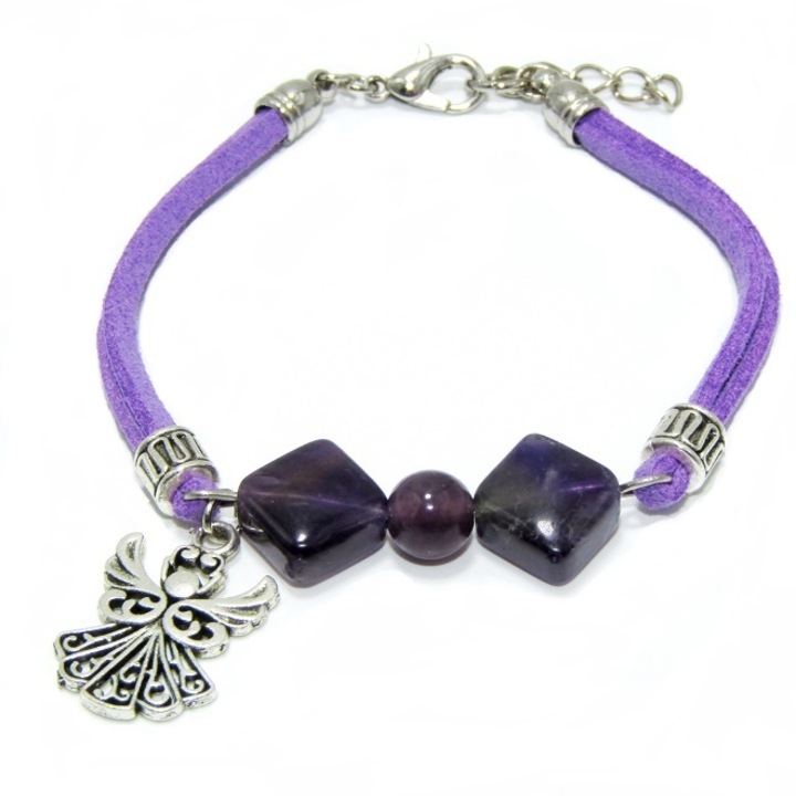 Bratara de piele by Crystal4Art, cu ametist natural si charm argintiu "Ingeras"