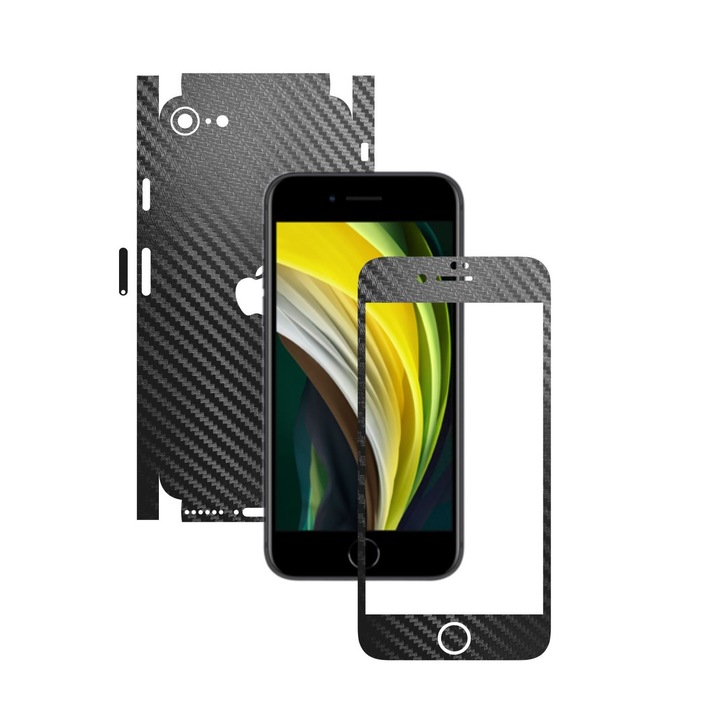 Folie Protectie Carbon Skinz pentru Apple iPhone SE 2020 - Carbon Negru 360 Cut, Skin Adeziv Full Body Cover pentru Rama Ecran, Carcasa Spate si Laterale