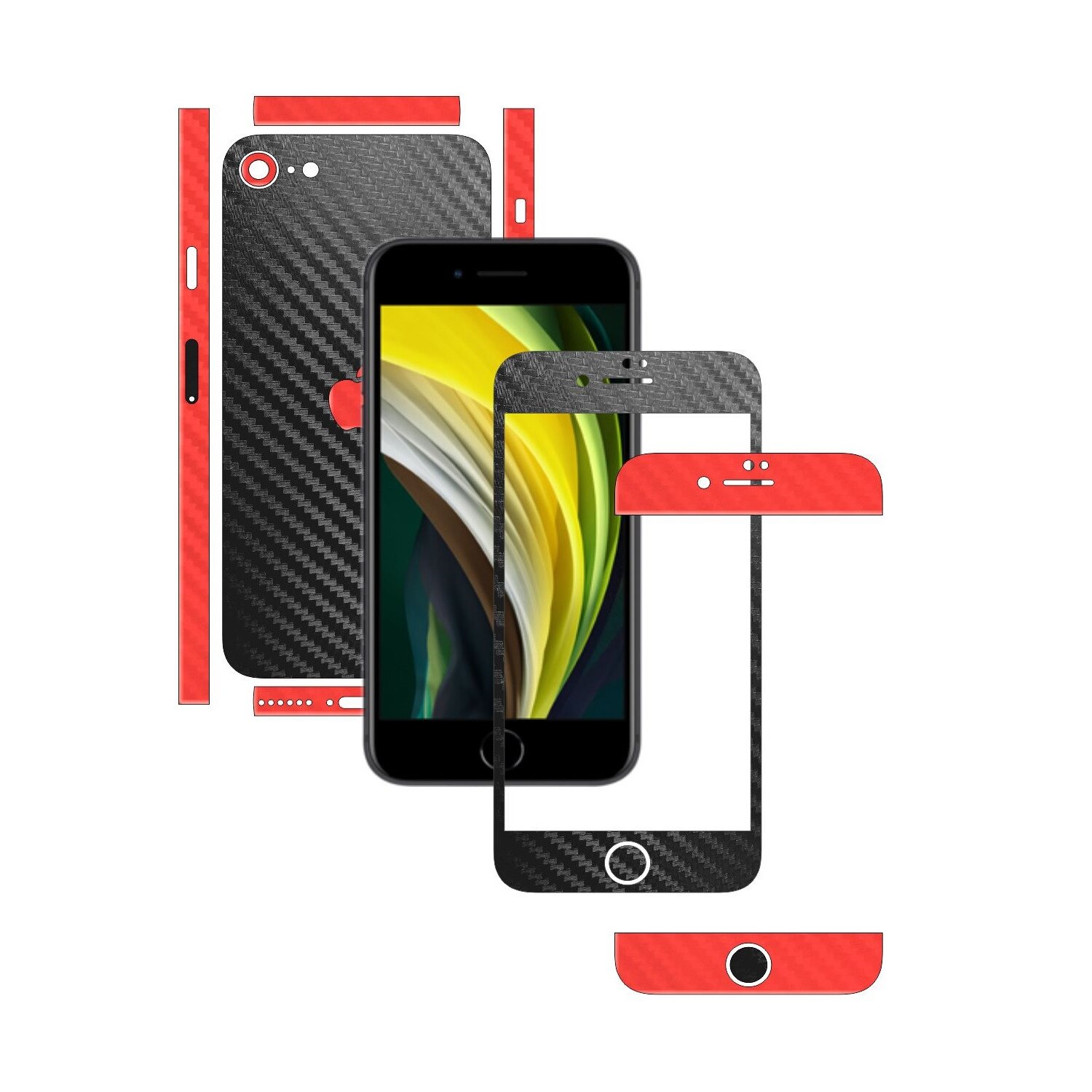 Folie Protectie Carbon Skinz pentru Apple iPhone SE 2020 - Carbon Two Tone Negru / Rosu, Skin Adeziv Full Body Cover pentru Rama Ecran, Carcasa Spate si Laterale