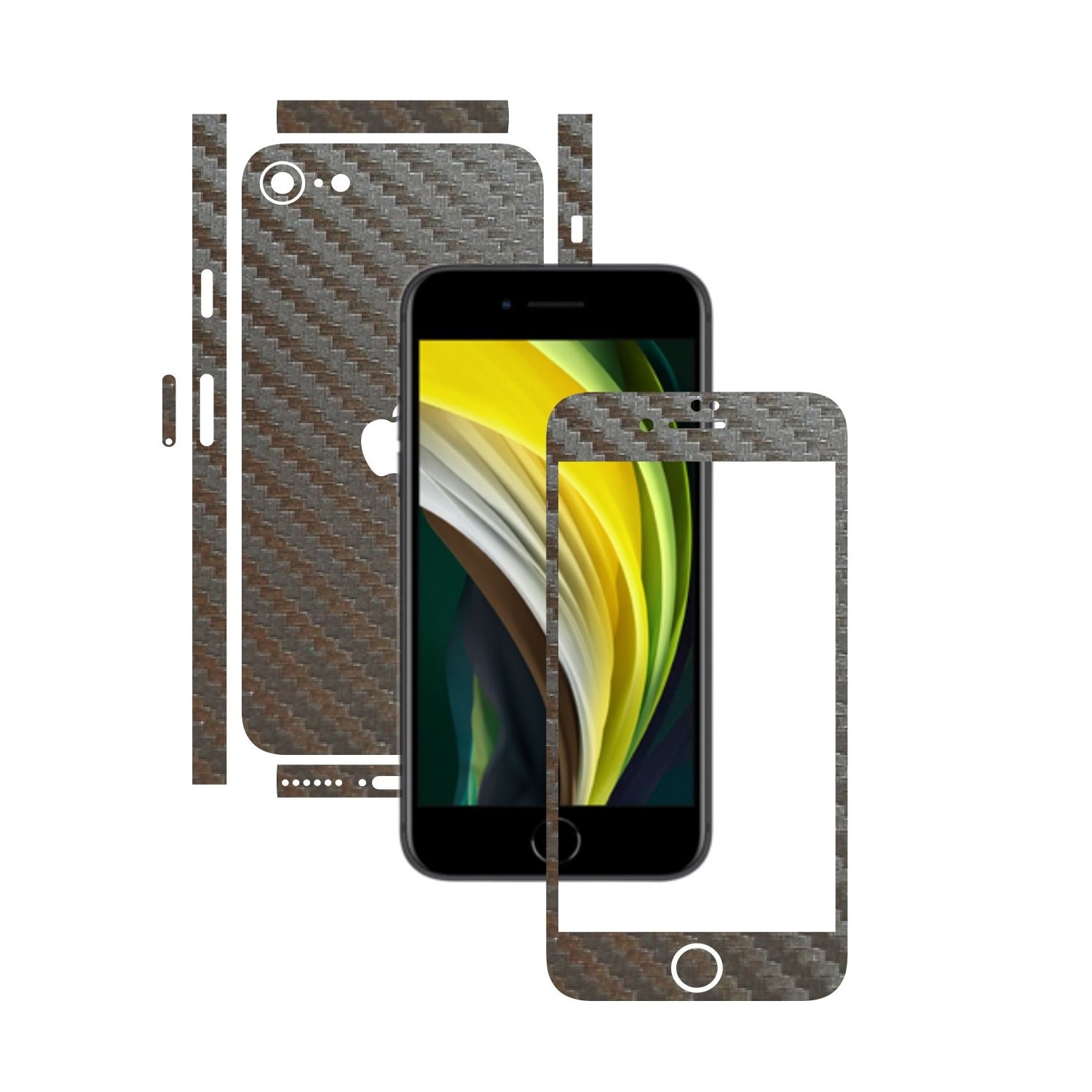 Folie Protectie Carbon Skinz pentru Apple iPhone SE 2020 - Carbon Gri Argintiu Split Cut, Skin Adeziv Full Body Cover pentru Rama Ecran, Carcasa Spate si Laterale