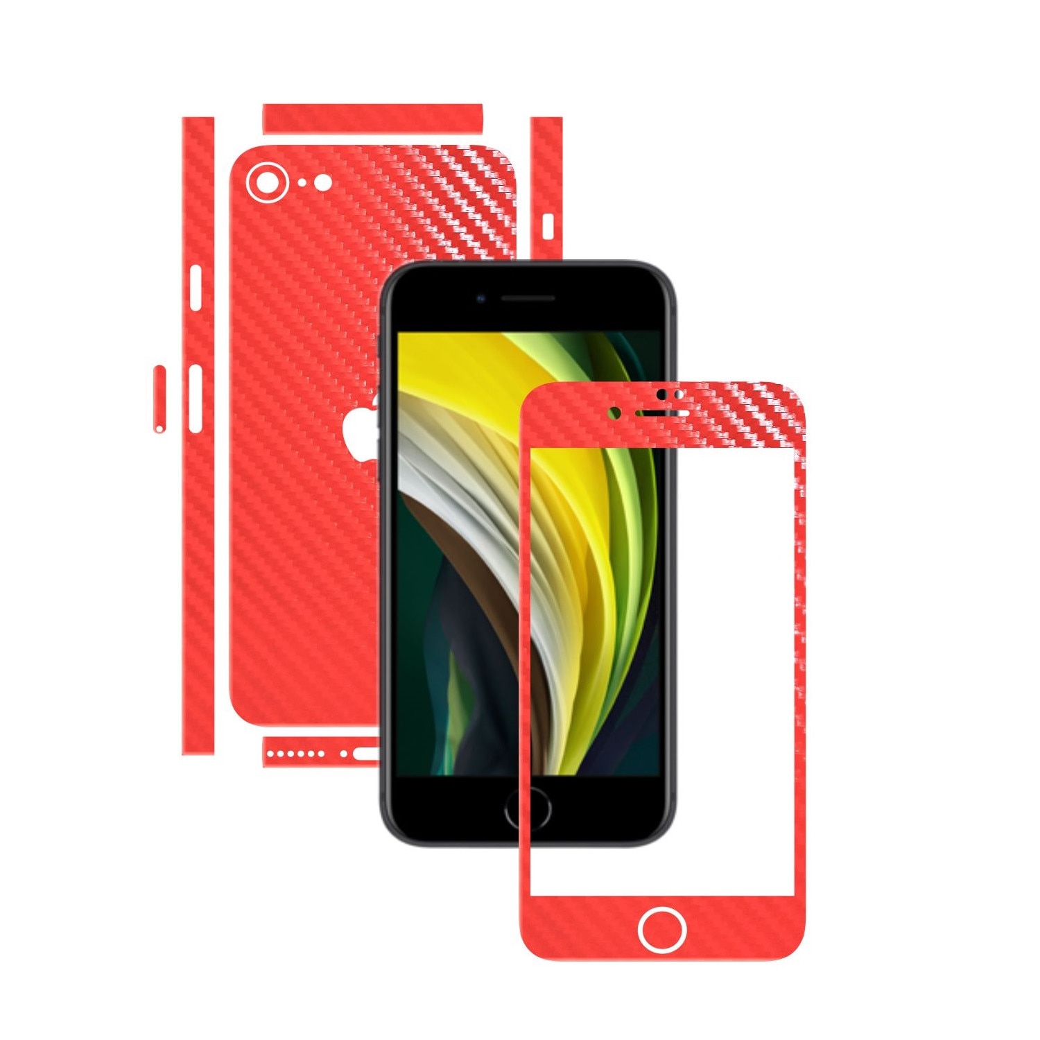 Folie Protectie Carbon Skinz pentru Apple iPhone SE 2020 - Carbon Rosu Split Cut, Skin Adeziv Full Body Cover pentru Rama Ecran, Carcasa Spate si Laterale