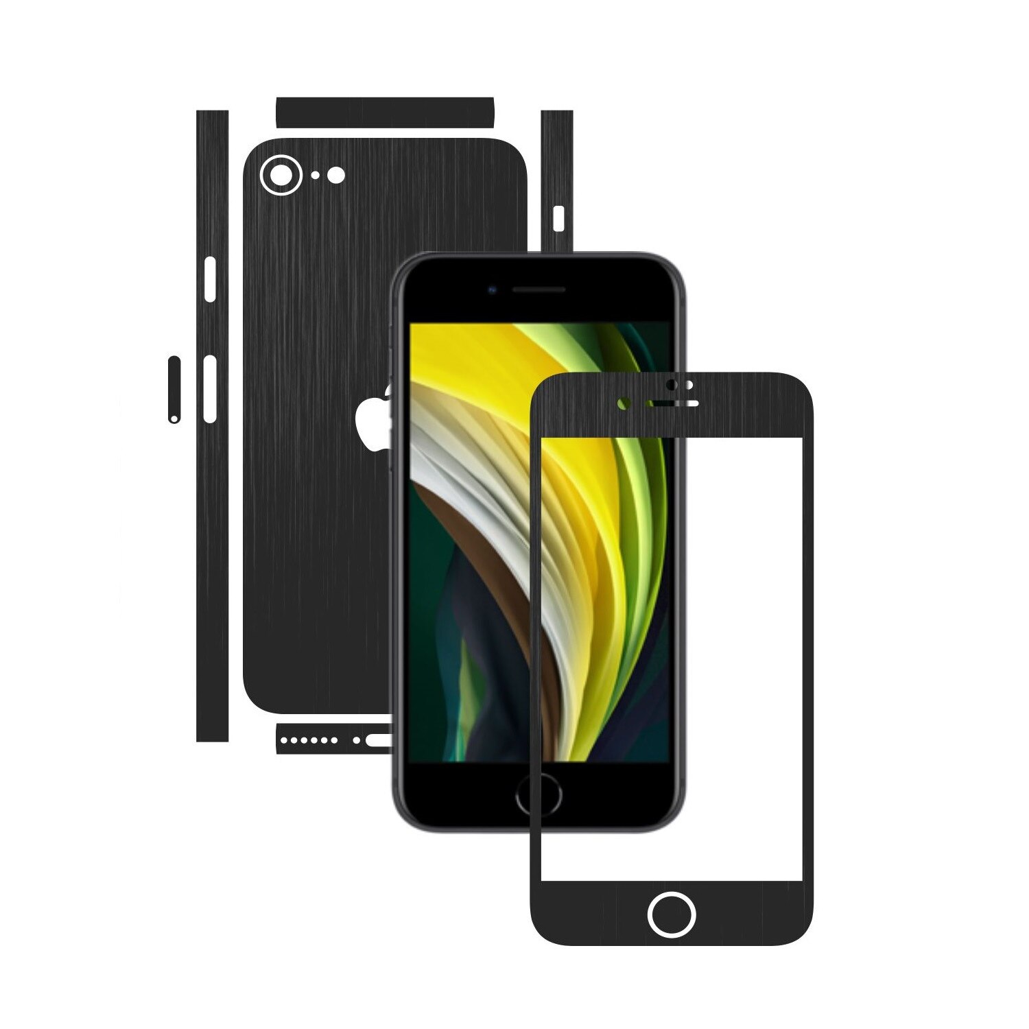 Folie Protectie Carbon Skinz pentru Apple iPhone SE 2020 - Brushed Negru Split Cut, Skin Adeziv Full Body Cover pentru Rama Ecran, Carcasa Spate si Laterale