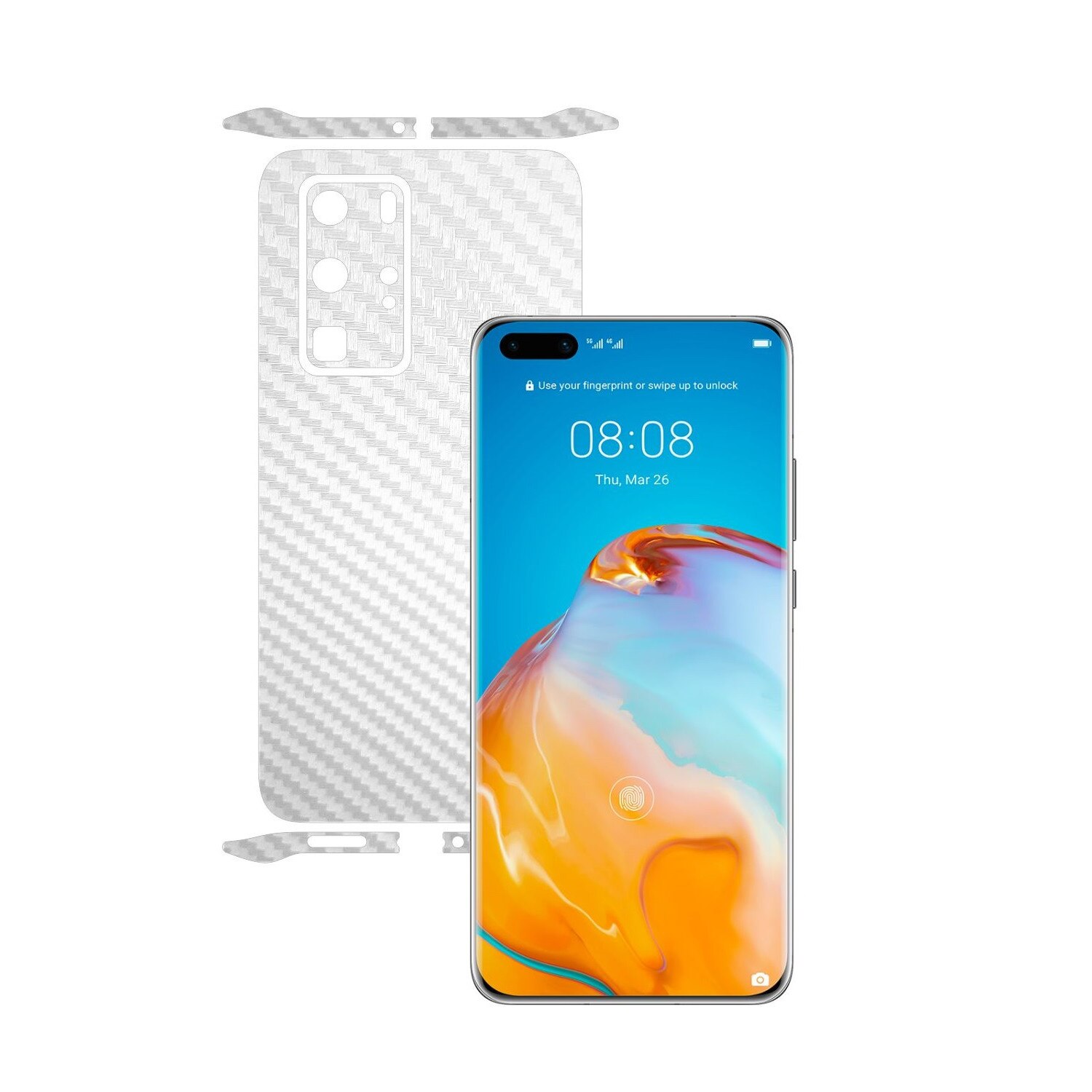 Folie Protectie Carbon Skinz pentru Huawei P40 Pro - Carbon Alb Split Cut, Skin Adeziv Full Body Cover pentru Rama Ecran, Carcasa Spate si Laterale