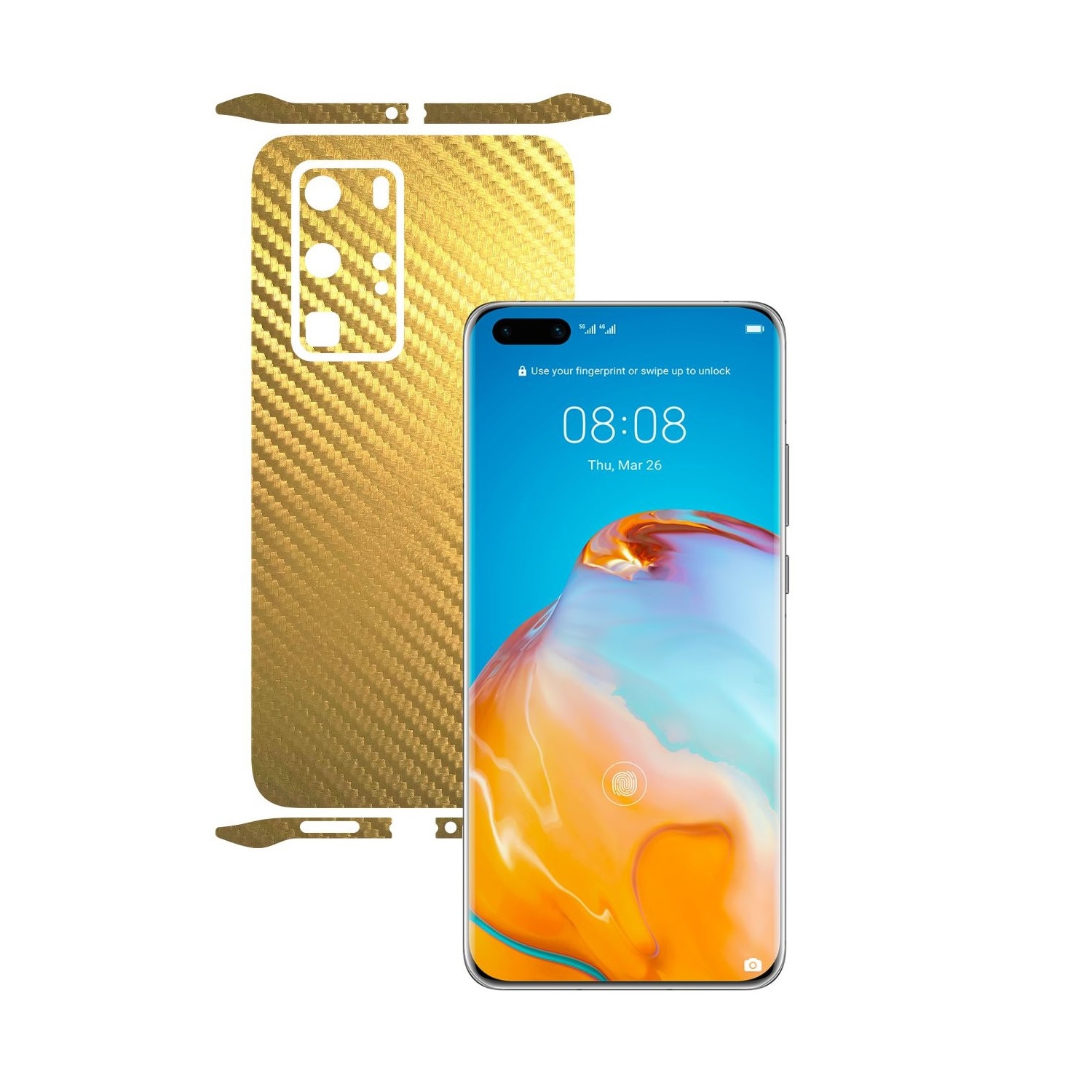 Folie Protectie Carbon Skinz pentru Huawei P40 Pro - Carbon Auriu Split Cut, Skin Adeziv Full Body Cover pentru Rama Ecran, Carcasa Spate si Laterale