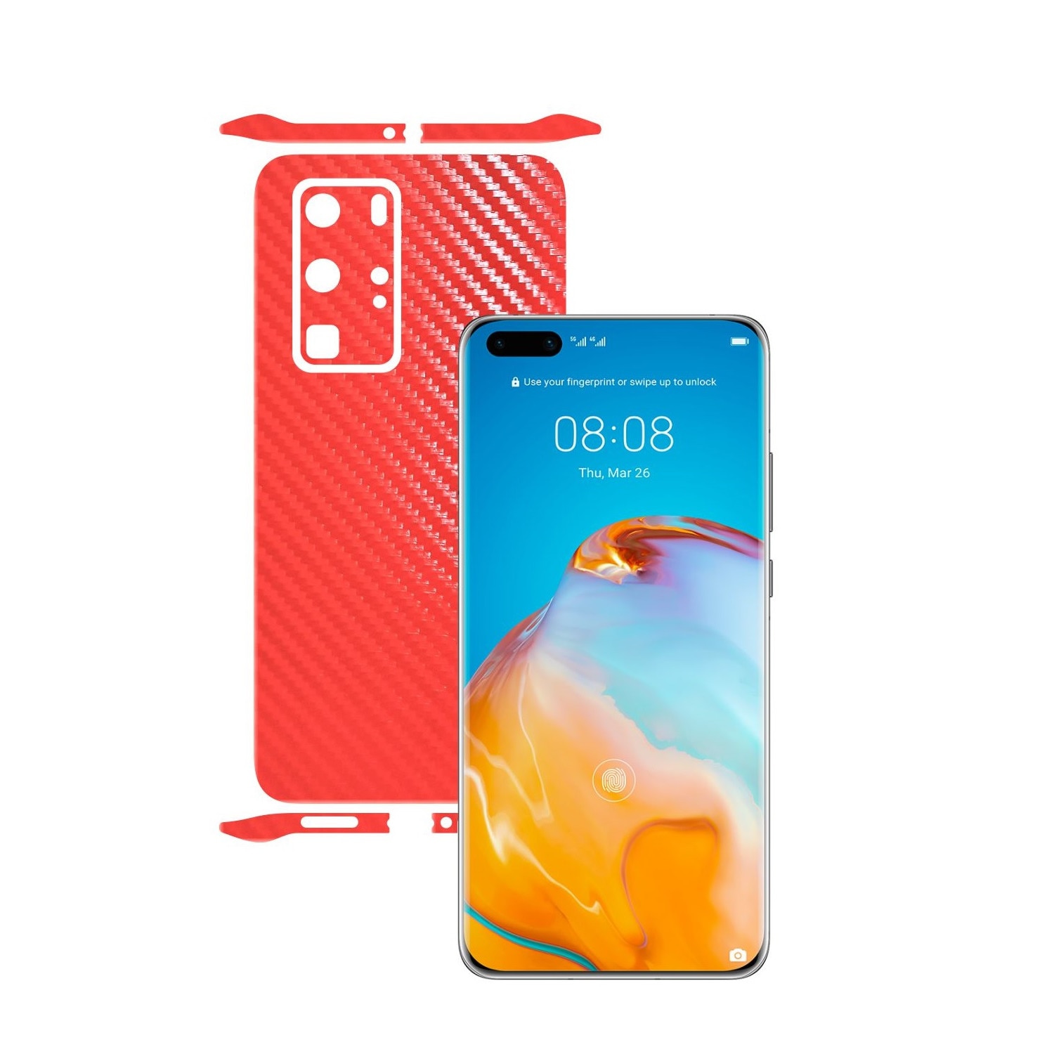 Folie Protectie Carbon Skinz pentru Huawei P40 Pro - Carbon Rosu Split Cut, Skin Adeziv Full Body Cover pentru Rama Ecran, Carcasa Spate si Laterale