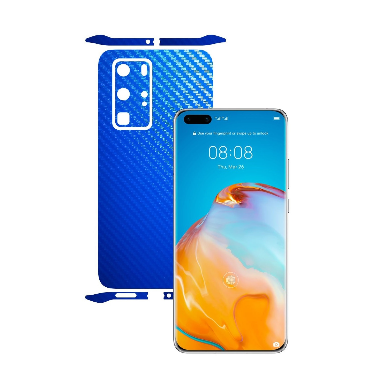 Folie Protectie Carbon Skinz pentru Huawei P40 Pro - Carbon Albastru Split Cut, Skin Adeziv Full Body Cover pentru Rama Ecran, Carcasa Spate si Laterale