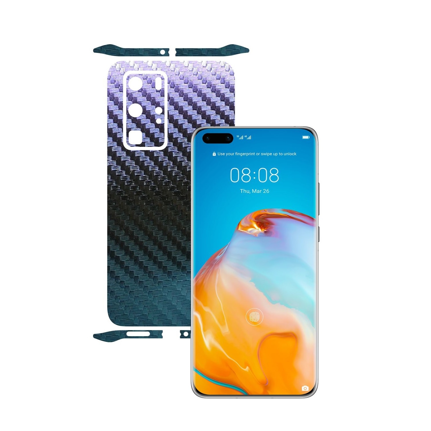 Folie Protectie Carbon Skinz pentru Huawei P40 Pro - Carbon Cameleon Split Cut, Skin Adeziv Full Body Cover pentru Rama Ecran, Carcasa Spate si Laterale