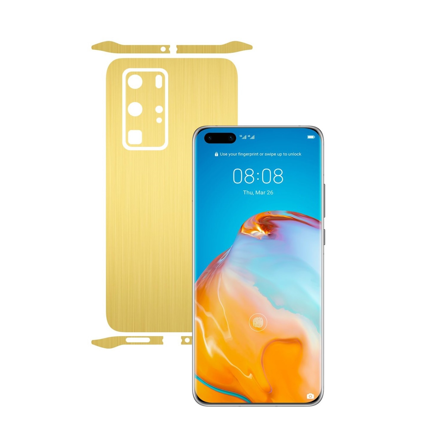 Folie Protectie Carbon Skinz pentru Huawei P40 Pro - Brushed Auriu Split Cut, Skin Adeziv Full Body Cover pentru Rama Ecran, Carcasa Spate si Laterale