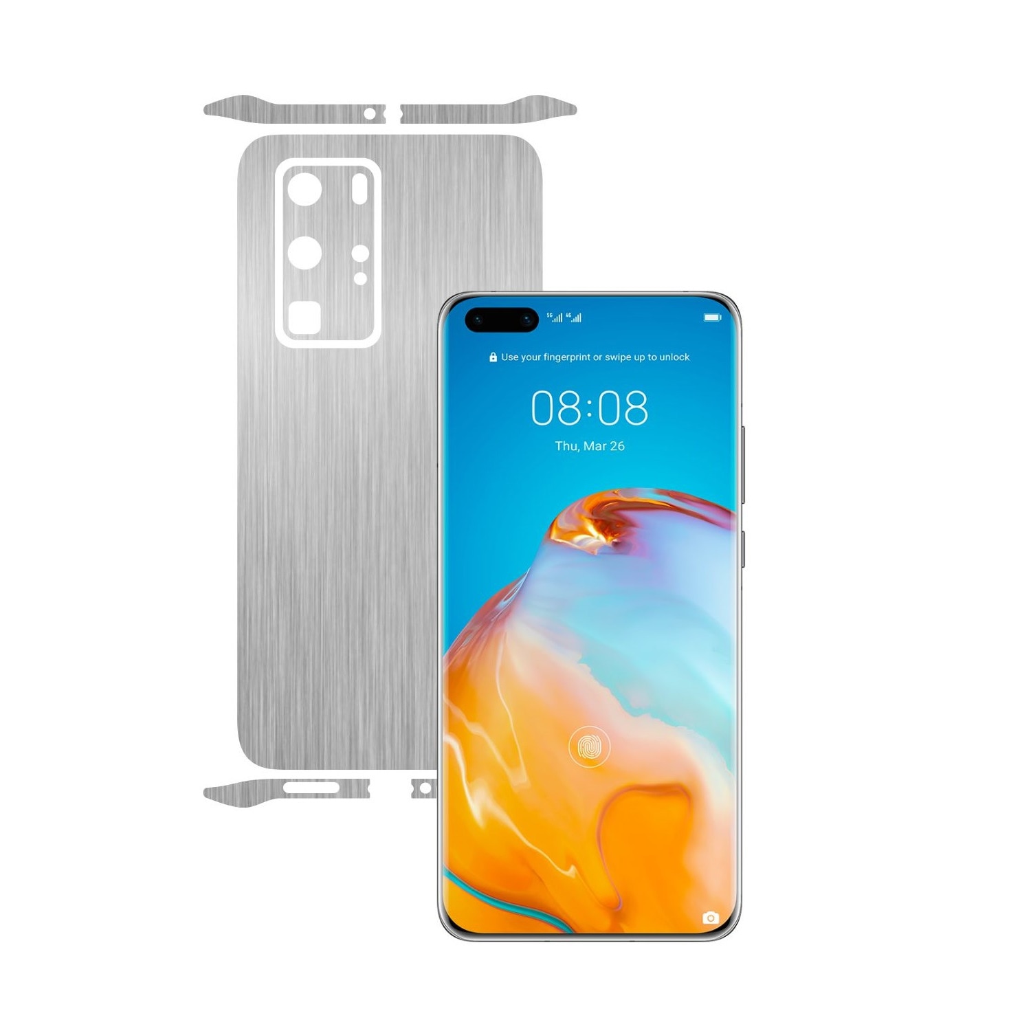 Folie Protectie Carbon Skinz pentru Huawei P40 Pro - Brushed Argintiu Split Cut, Skin Adeziv Full Body Cover pentru Rama Ecran, Carcasa Spate si Laterale