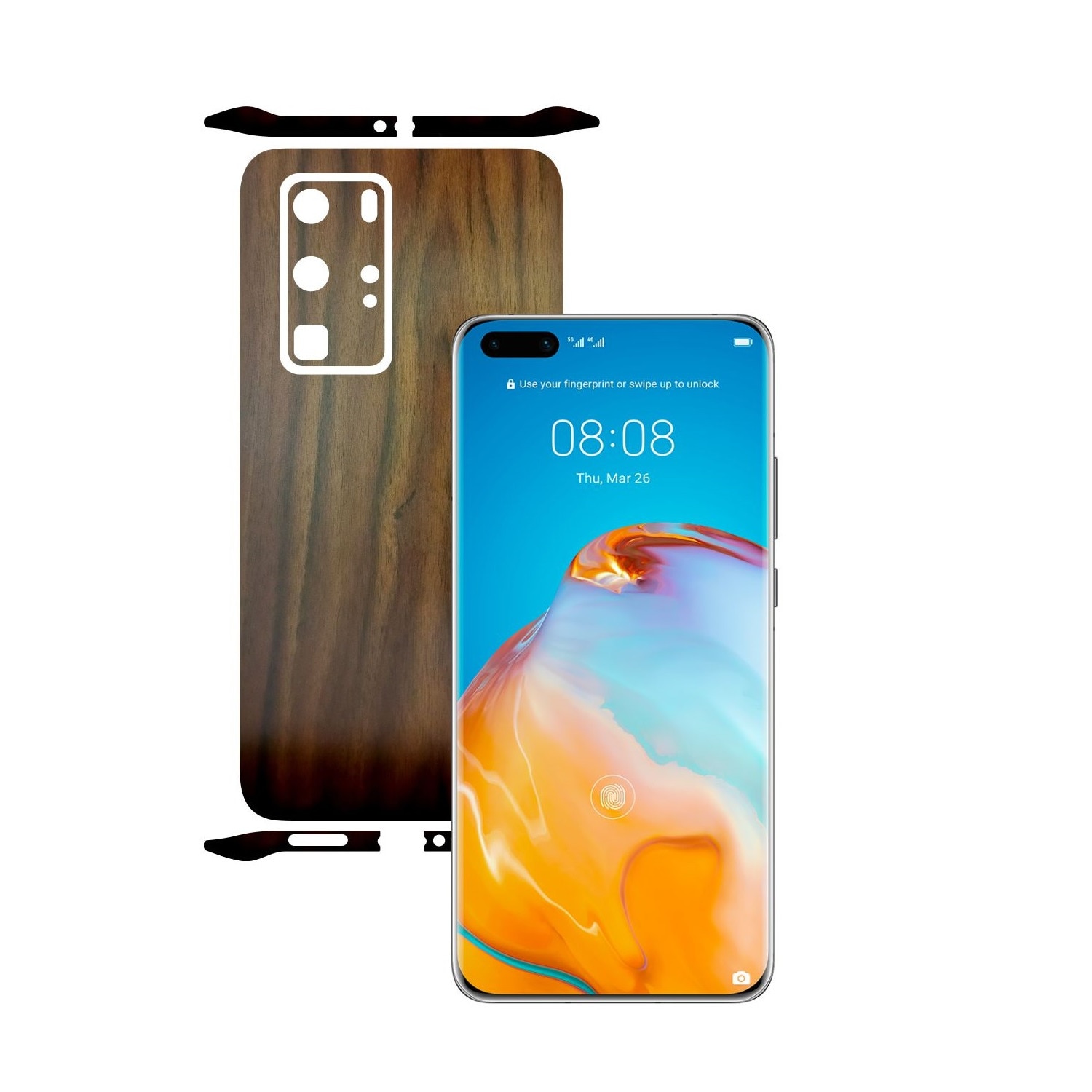 Folie Protectie Carbon Skinz pentru Huawei P40 Pro - Lemn Nuc Split Cut, Skin Adeziv Full Body Cover pentru Rama Ecran, Carcasa Spate si Laterale