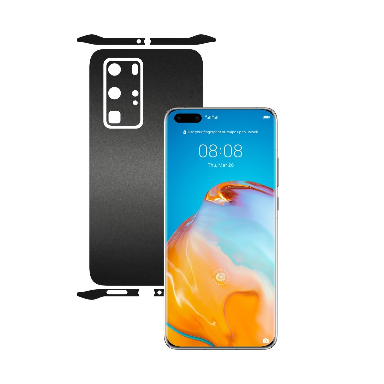 Folie Protectie Carbon Skinz pentru Huawei P40 Pro - Negru Mat Split Cut, Skin Adeziv Full Body Cover pentru Rama Ecran, Carcasa Spate si Laterale