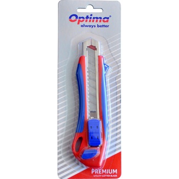 Cutter premium Optima, lama 18mm + 2 rezerve SK5, auto-incarcare, sina metalica, ABS cu rubber grip Cutter premium Optima, lama 18mm + 2 rezerve SK5, auto-incarcare, sina metalica, ABS cu rubber grip