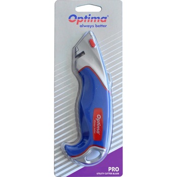 Cutter profesional Optima, lama trapezoidala + 2 rezerve SK5, aluminiu cu rubber grip Cutter profesional Optima, lama trapezoidala + 2 rezerve SK5, aluminiu cu rubber grip