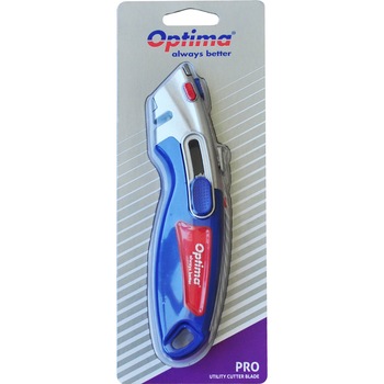 Cutter profesional Optima, lama trapezoidala + 4 rezerve SK2 tratate, 2 functiuni, zinc cu rubber grip Cutter profesional Optima, lama trapezoidala + 4 rezerve SK2 tratate, 2 functiuni, zinc cu rubber grip