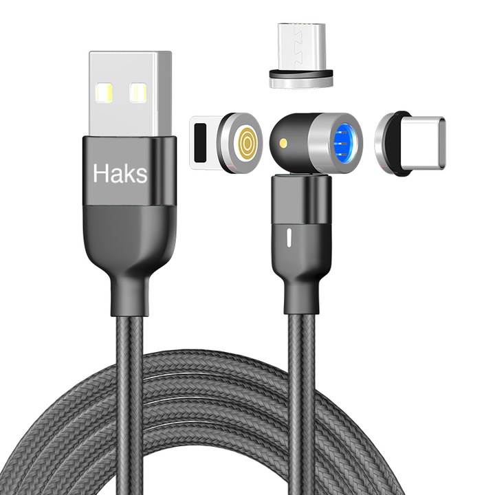 Cablu USB Magnetic pentru Incarcare si Transfer Date 3 in 1 Haks, Rotire 360 Grade + 180 Grade, Lungime 2 metri, Culoare Negru
