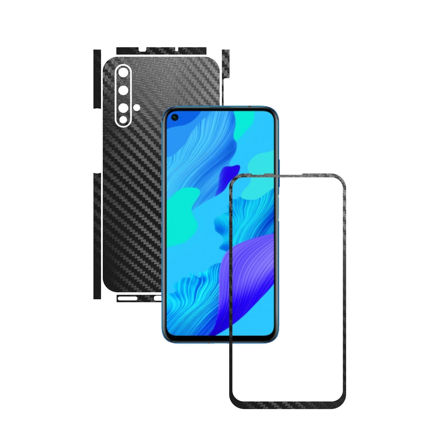 Folie Protectie Carbon Skinz pentru Huawei Nova 5T - Carbon Negru Split Cut, Skin Adeziv Full Body Cover pentru Rama Ecran, Carcasa Spate si Laterale