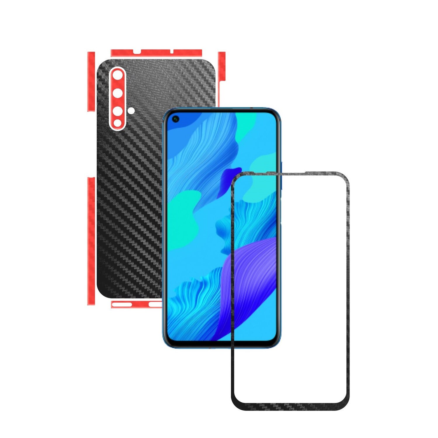 Folie Protectie Carbon Skinz pentru Huawei Nova 5T - Carbon Two Tone Negru / Rosu, Skin Adeziv Full Body Cover pentru Rama Ecran, Carcasa Spate si Laterale