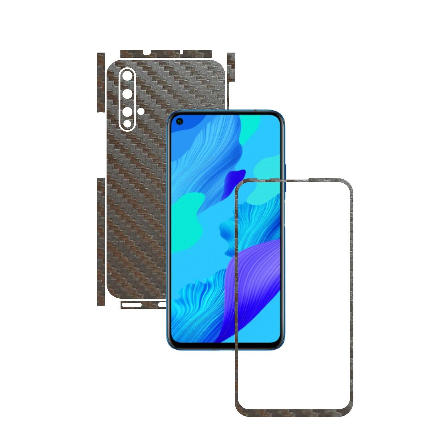 Folie Protectie Carbon Skinz pentru Huawei Nova 5T - Carbon Gri Argintiu Split Cut, Skin Adeziv Full Body Cover pentru Rama Ecran, Carcasa Spate si Laterale