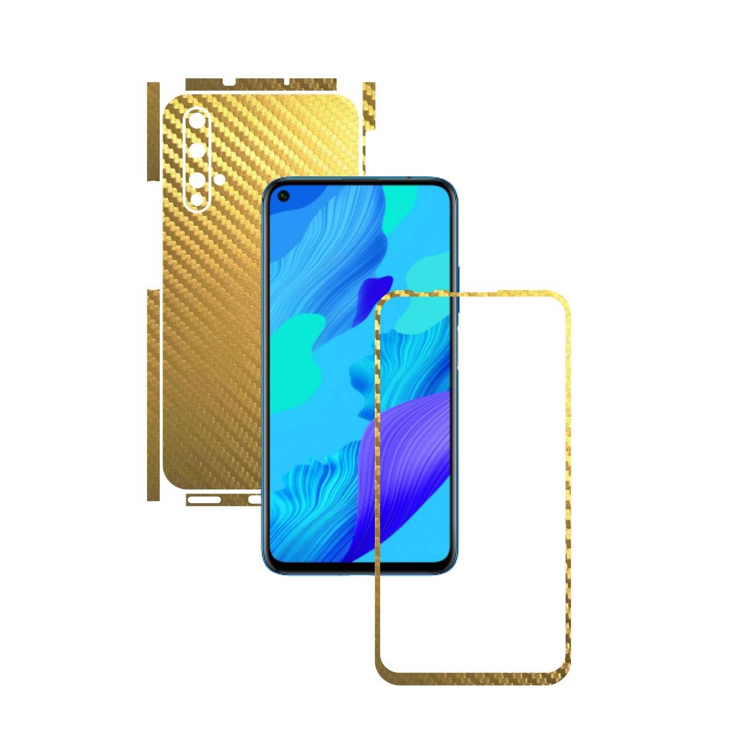 Folie Protectie Carbon Skinz pentru Huawei Nova 5T - Carbon Auriu Split Cut, Skin Adeziv Full Body Cover pentru Rama Ecran, Carcasa Spate si Laterale