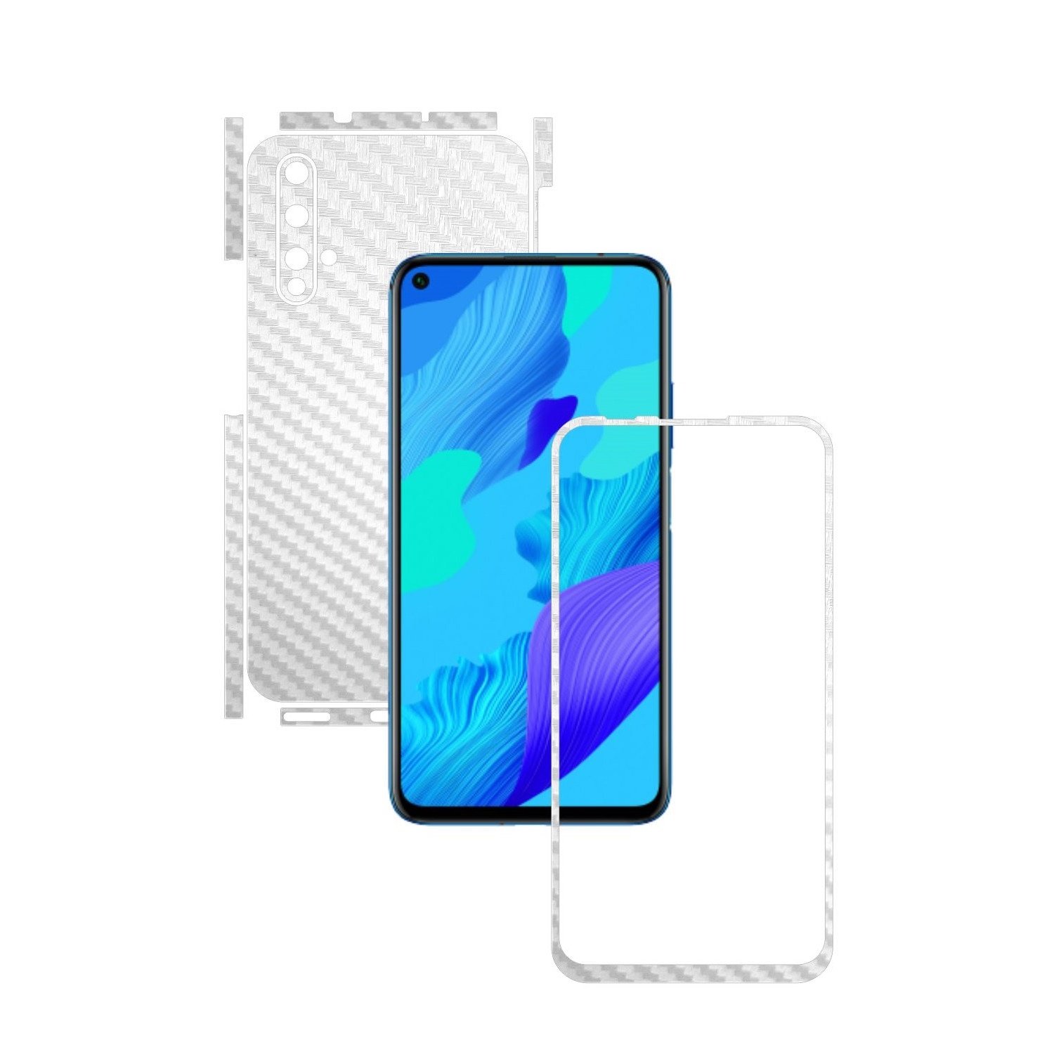 Folie Protectie Carbon Skinz pentru Huawei Nova 5T - Carbon Alb Split Cut, Skin Adeziv Full Body Cover pentru Rama Ecran, Carcasa Spate si Laterale
